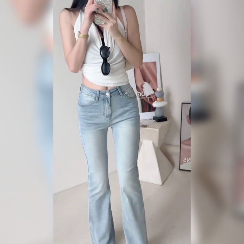浅蓝色微喇牛仔裤女高腰显瘦小个子百搭喇叭裤
