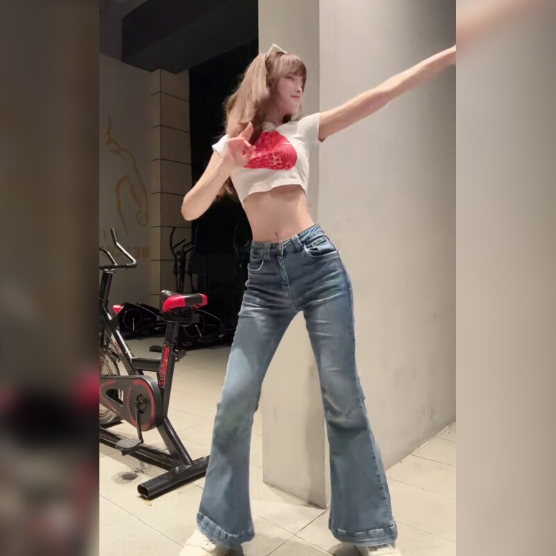 美式复古辣妹风低腰微喇牛仔裤女显瘦小个子修身喇叭裤