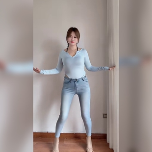 浅蓝修身低腰牛仔裤铅笔裤常规款显瘦弹力舒适日常百搭女款长裤