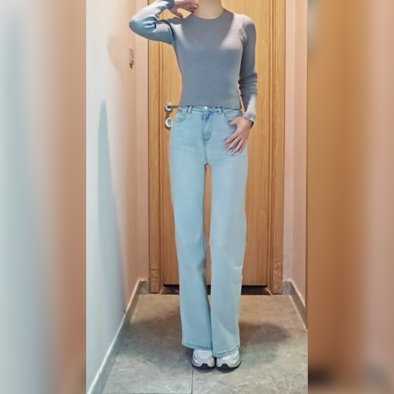高腰阔腿牛仔裤女百搭显瘦直筒长裤浅蓝色