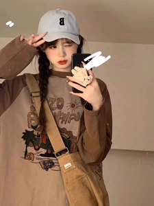 多巴胺美式正肩插肩长袖T恤卫衣女春秋2023新款爆款洋气减龄上衣
