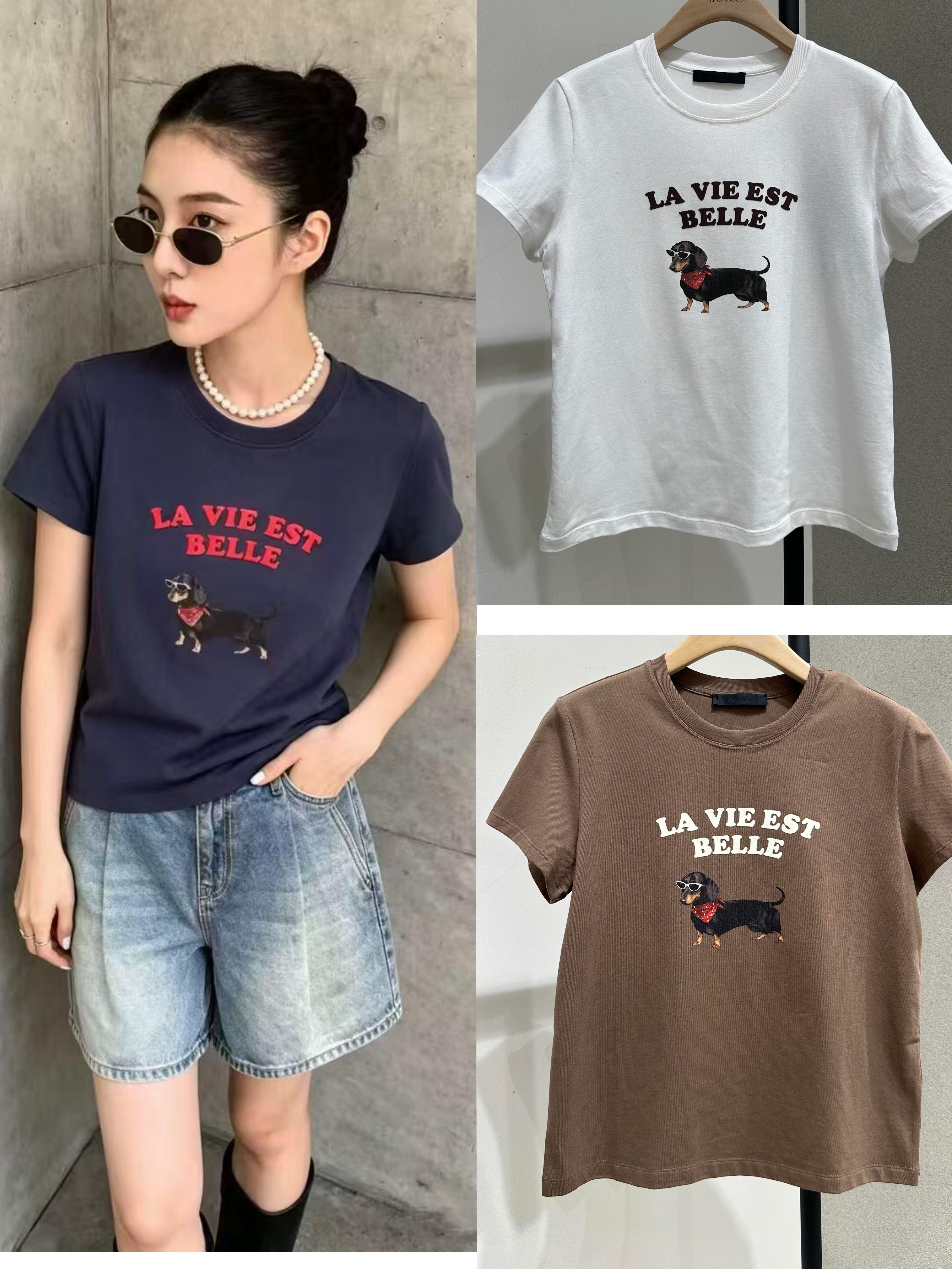 小狗短款T恤MO2026夏新品新疆棉植绒白墨印花萌宠图案MBF2TEE053Z
