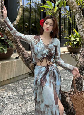 大码分体比基尼泳衣女四件套长裙性感胖mm修身显瘦泡温泉度假泳装