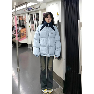 美式小个子撞色立领棉服女装冬季