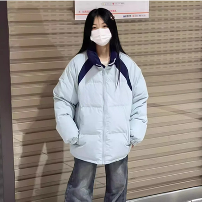 浅蓝拼藏蓝色棉服女冬季
