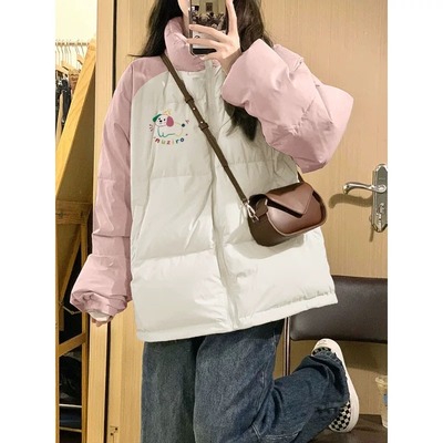 秋冬季小个子韩系撞色棉袄外套