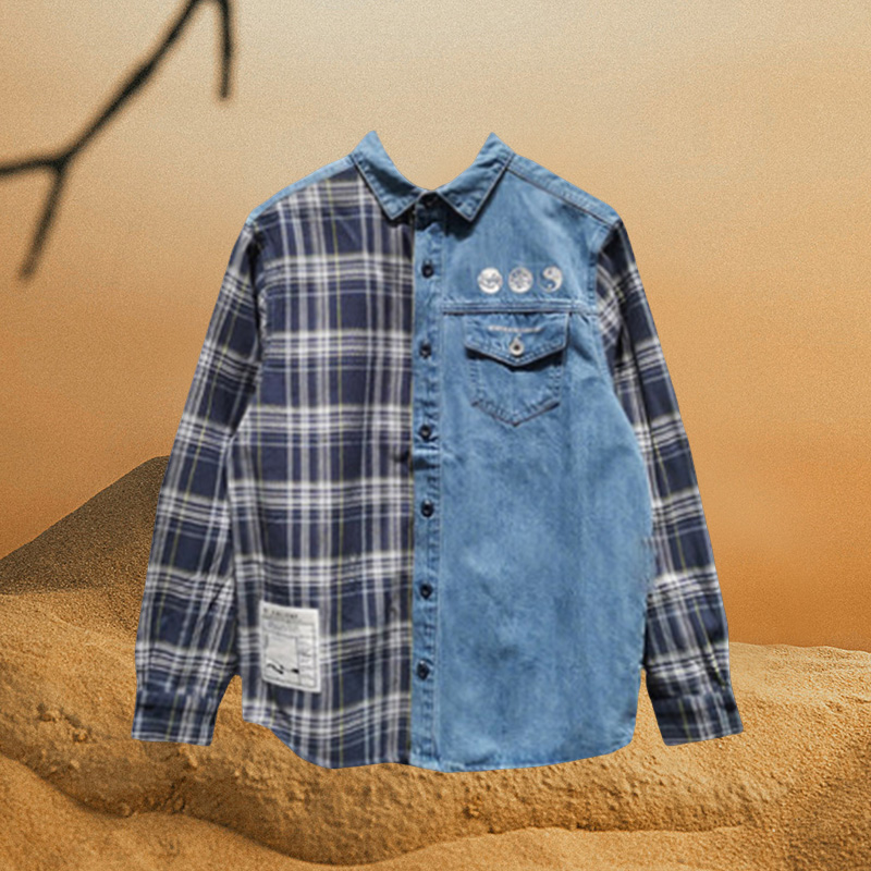 李宁正品外套新款男子时尚潮流牛仔翻领拼色宽松休闲衬衫ASHR087