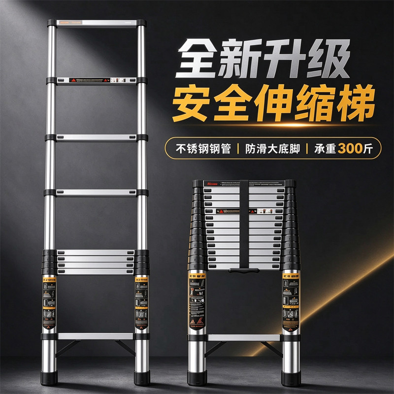 不锈钢升降折叠直梯加粗加厚多功能伸缩梯家用便携室内外竹节梯子