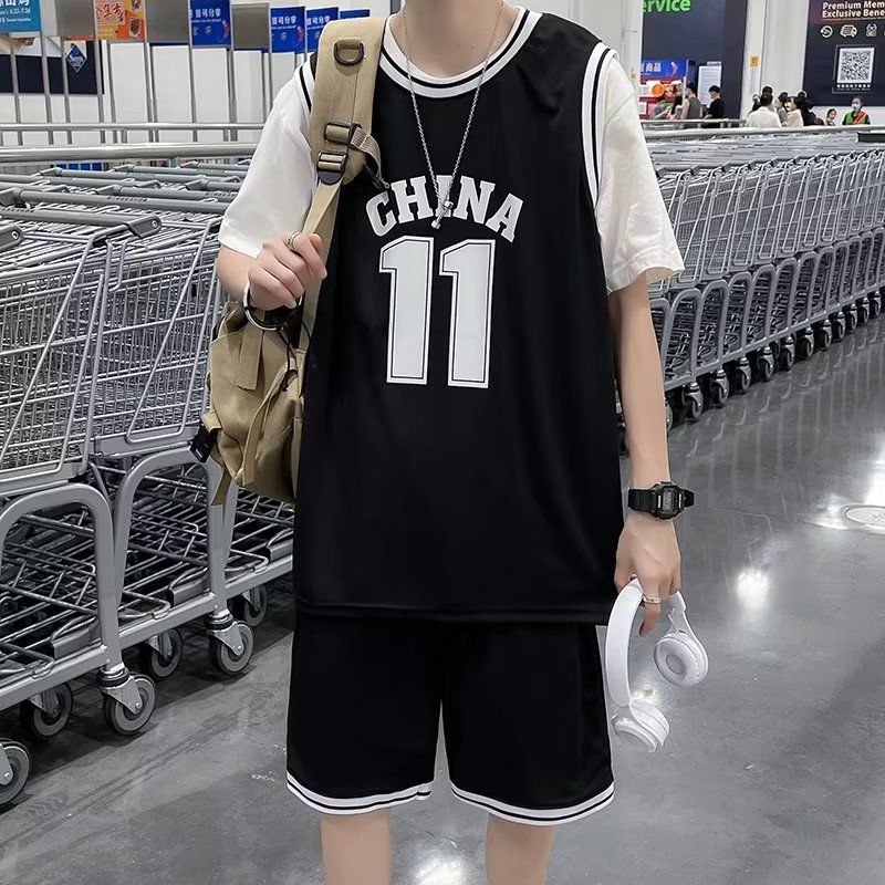 2024新款篮球服男夏潮流宽松假两件球衣短袖短裤一套学生班服定制