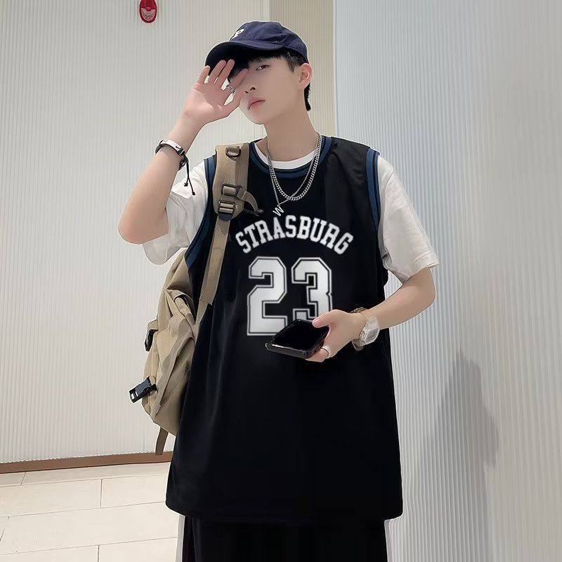 夏季冰丝假两件运动篮球服男套装街头休闲短袖T恤短裤学生两件套