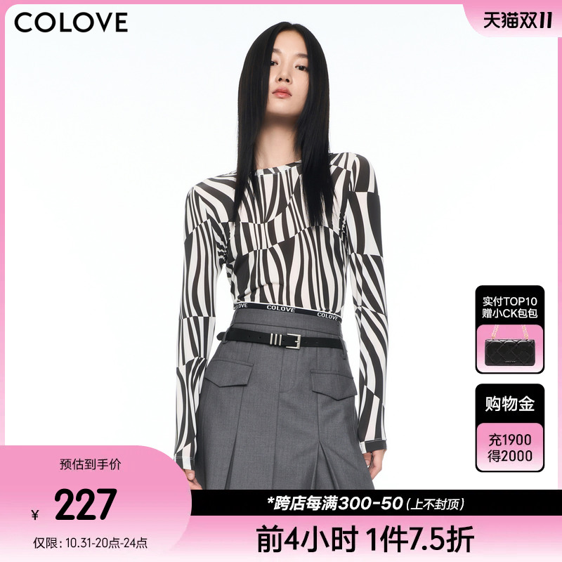 COLOVE卡拉佛几何图案设计感T恤女2023秋新款时尚洋气长袖上衣