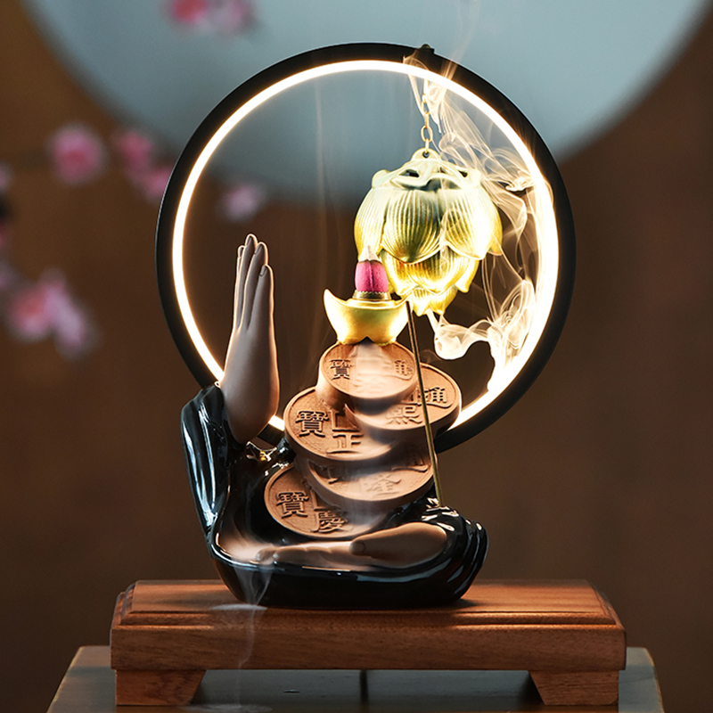 中式禅意倒流香炉创意摆件灯陶瓷佛手莲花招财进宝时来运转香薰炉