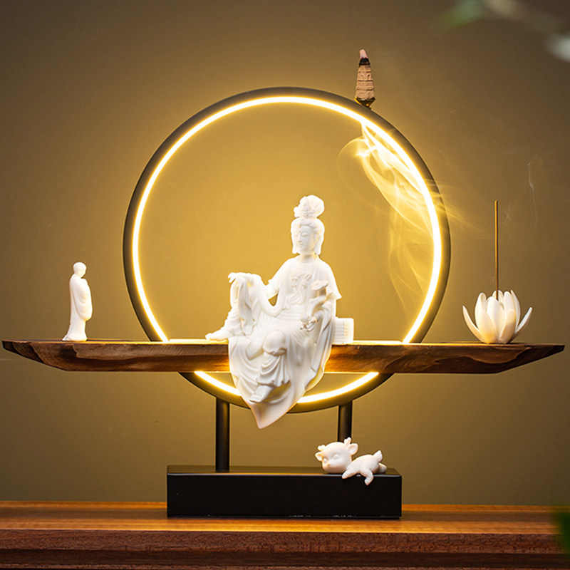 中式悬浮倒流香炉陶瓷自在观音佛像摆件禅意家用香薰沉香客厅玄关