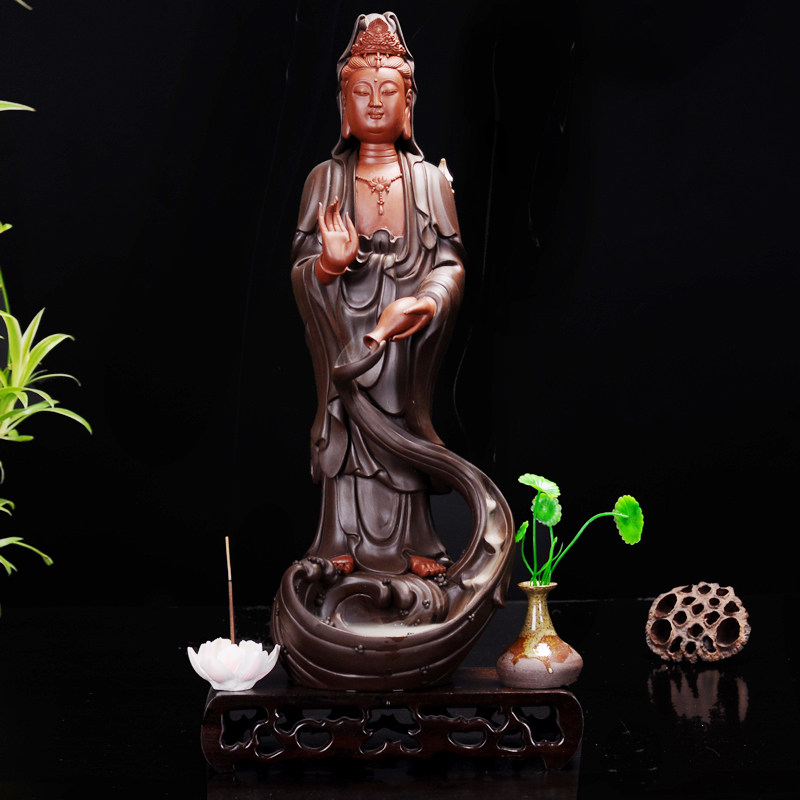 倒流香炉特大创意新款陶瓷观世音滴水观音佛像木摆件客厅桌面招财