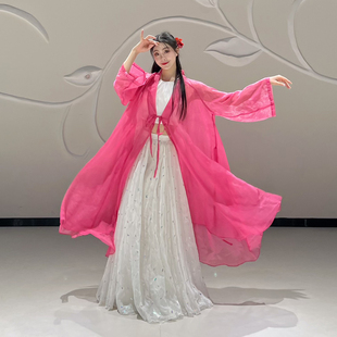现代爵士舞古典舞纱衣玫红色舞蹈长衫 梦霞舞蹈服装 中国风大摆开衫