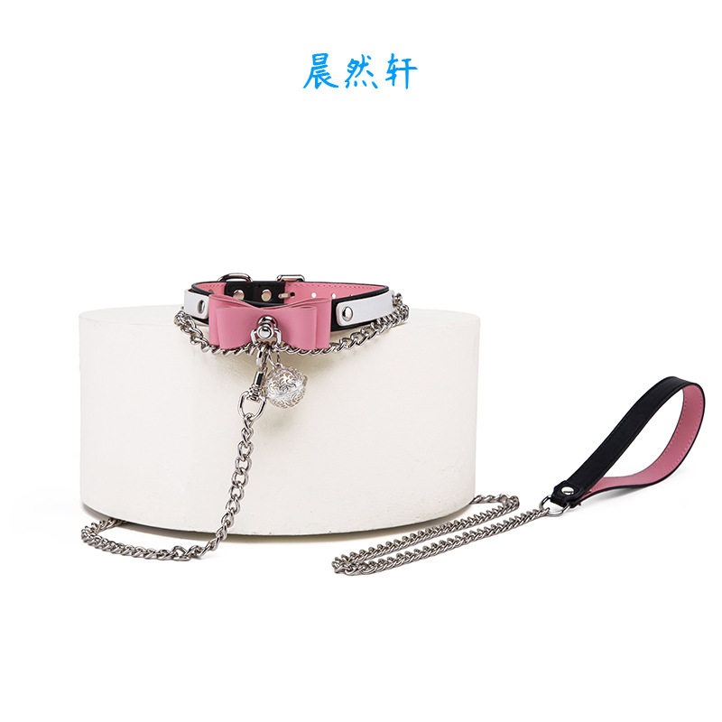 小狗choker铃铛项圈粉红色真皮骨头牌情侣脖圈项链饰品定制礼物