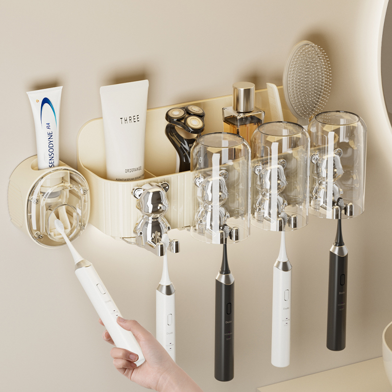 牙杯牙刷架免打孔置物架浴室挂壁牙刷架挤牙膏器高档刷牙漱口杯架