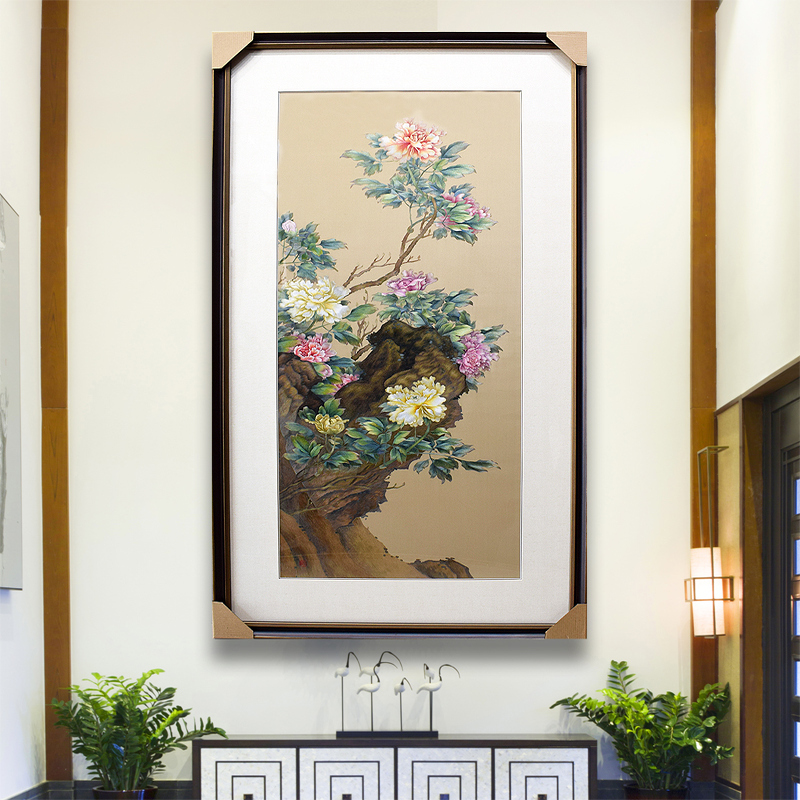 76*136顾氏手工苏绣竖版古画牡丹花开富贵别墅玄关餐厅走廊装饰画图片