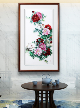 75*125顾氏手工苏绣牡丹花开富贵现代家居走廊玄关过道客厅装饰画