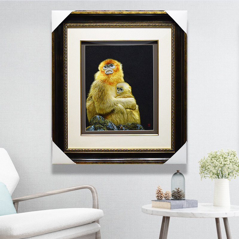 78*88顾氏手工苏绣成品金丝猴 乱针绣猴子 书房客厅装饰刺绣挂画