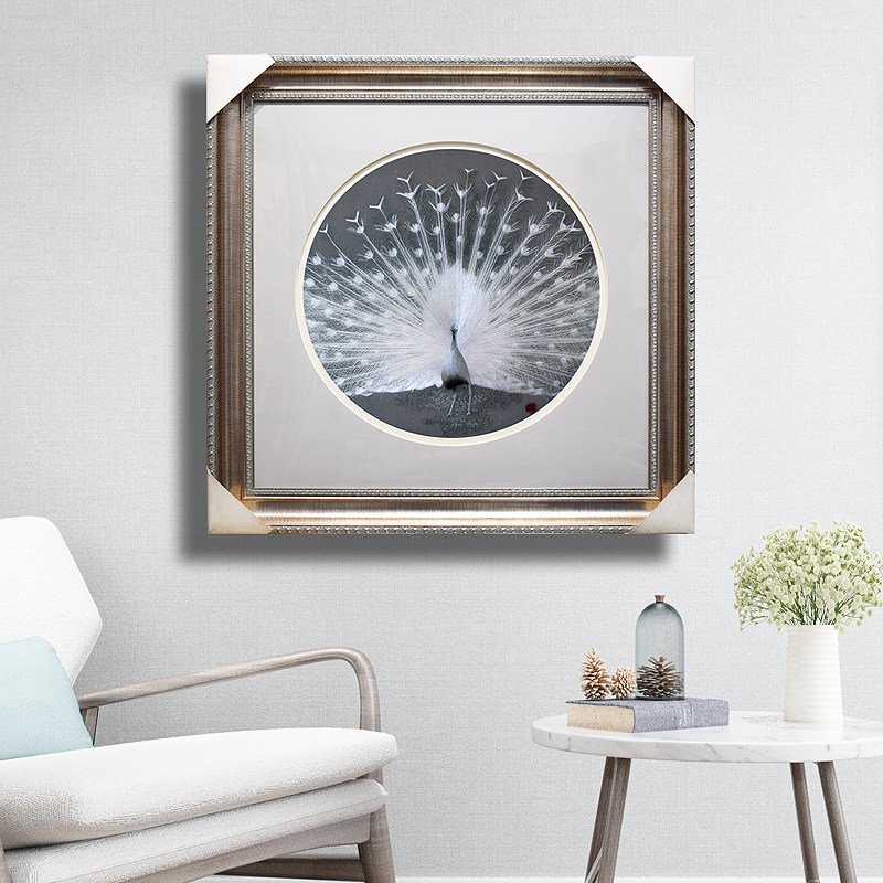 85*85顾氏手工苏州刺绣白孔雀开屏刺绣成品酒店客厅餐厅书房挂画