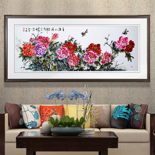 92*192顾氏手工刺绣牡丹 春满人间 花开富贵新中式沙发背景装饰画
