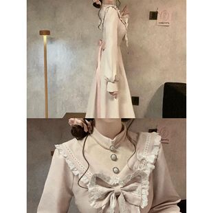 柔雾粉霞 日系清楚新款甜美温柔公主蕾丝收腰蝴蝶结长裙连衣裙