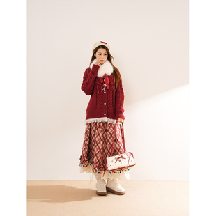 韩系针织红色上衣半身裙两件套冬季新款气质减龄保暖套装甜美百搭