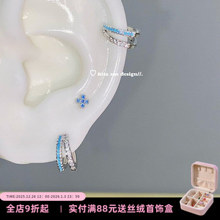 邦迪海滩～一抹简约蓝双层C耳圈十字架精致百搭耳环 Zoo Rita