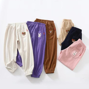 miki儿童裤子2025新款春装男孩灯芯绒长裤纯色百搭女宝休闲裤宽松