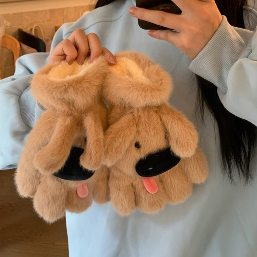 可爱小狗五指毛绒手套女生冬季保暖加绒加厚骑行骑车防风防寒挂脖