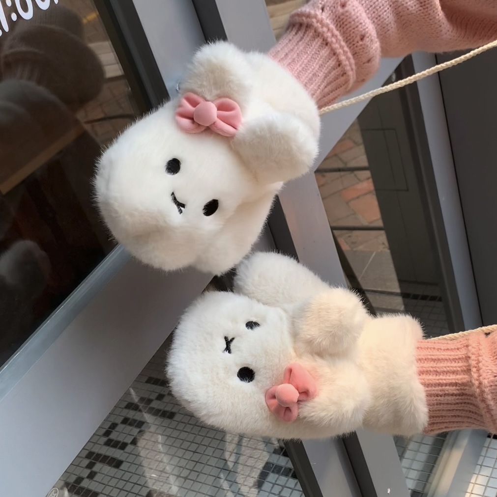 可爱小兔连指手套冬季女生高颜值东北玩雪加绒加厚防寒保暖棉手套