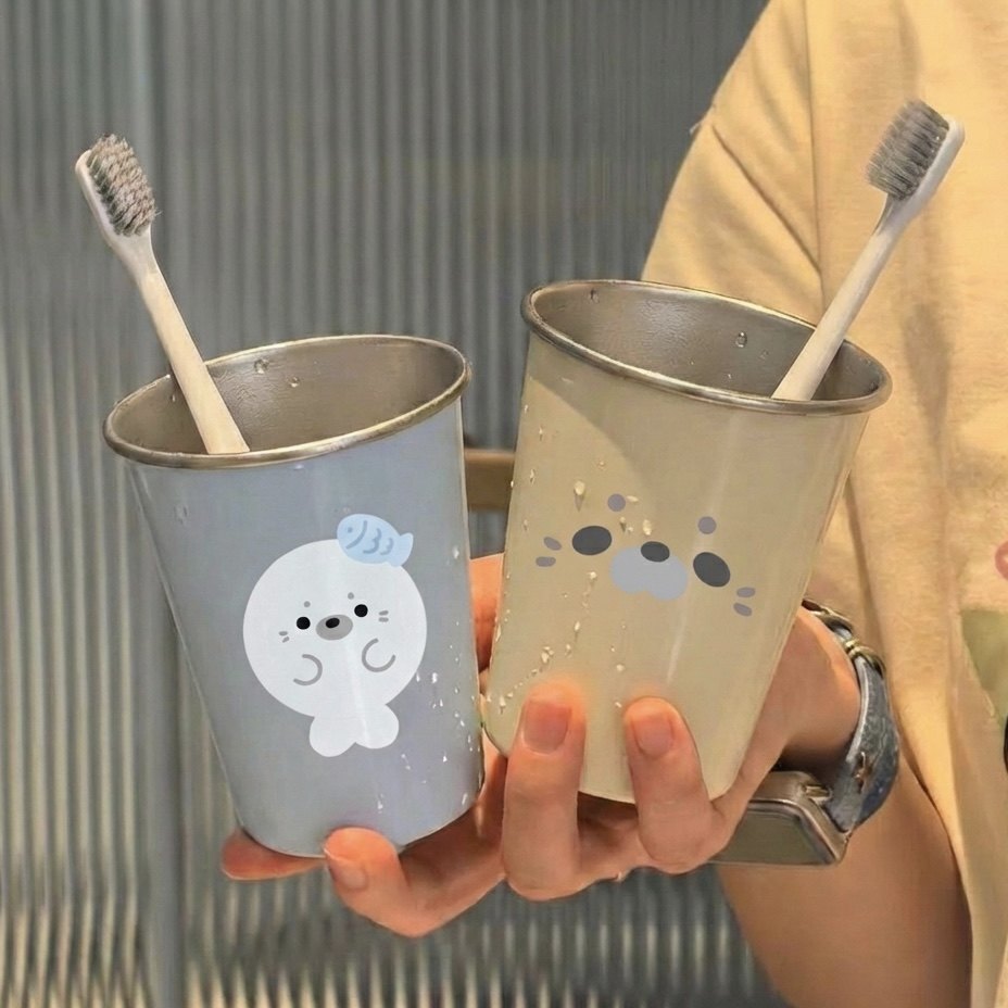 卡通海豹儿童漱口杯不锈钢刷牙杯子家用可爱洗漱杯情侣一对牙缸