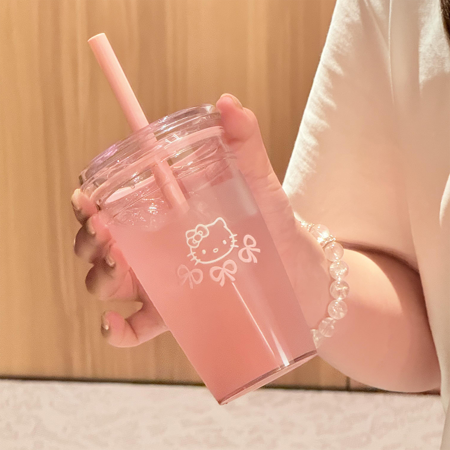 粉色凯蒂猫吸管杯水杯夏日高颜值ins杯子带吸管饮水杯便携咖啡杯