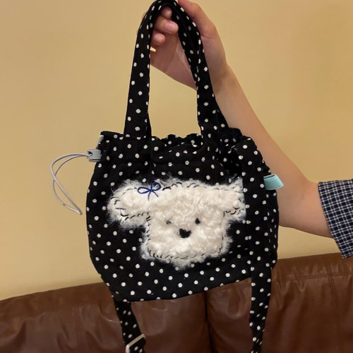 黑色波点小狗帆布包韩系慵懒风通勤包包女款大容量手提单肩斜挎包