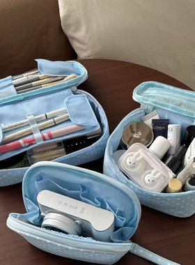 蓝色波点化妆包便携旅行洗漱包女外出化妆品分区收纳大容量收纳袋