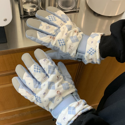 卡通小熊滑雪手套女冬季可触屏加绒加厚保暖防寒防风防水骑行手套