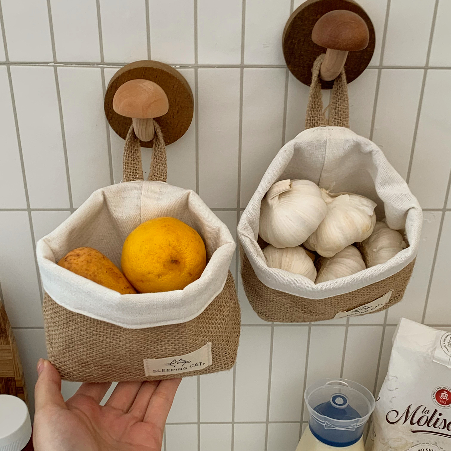 黄麻布艺挂篮厨房姜蒜收纳篮悬挂式收纳袋辣椒大蒜生姜收纳神器