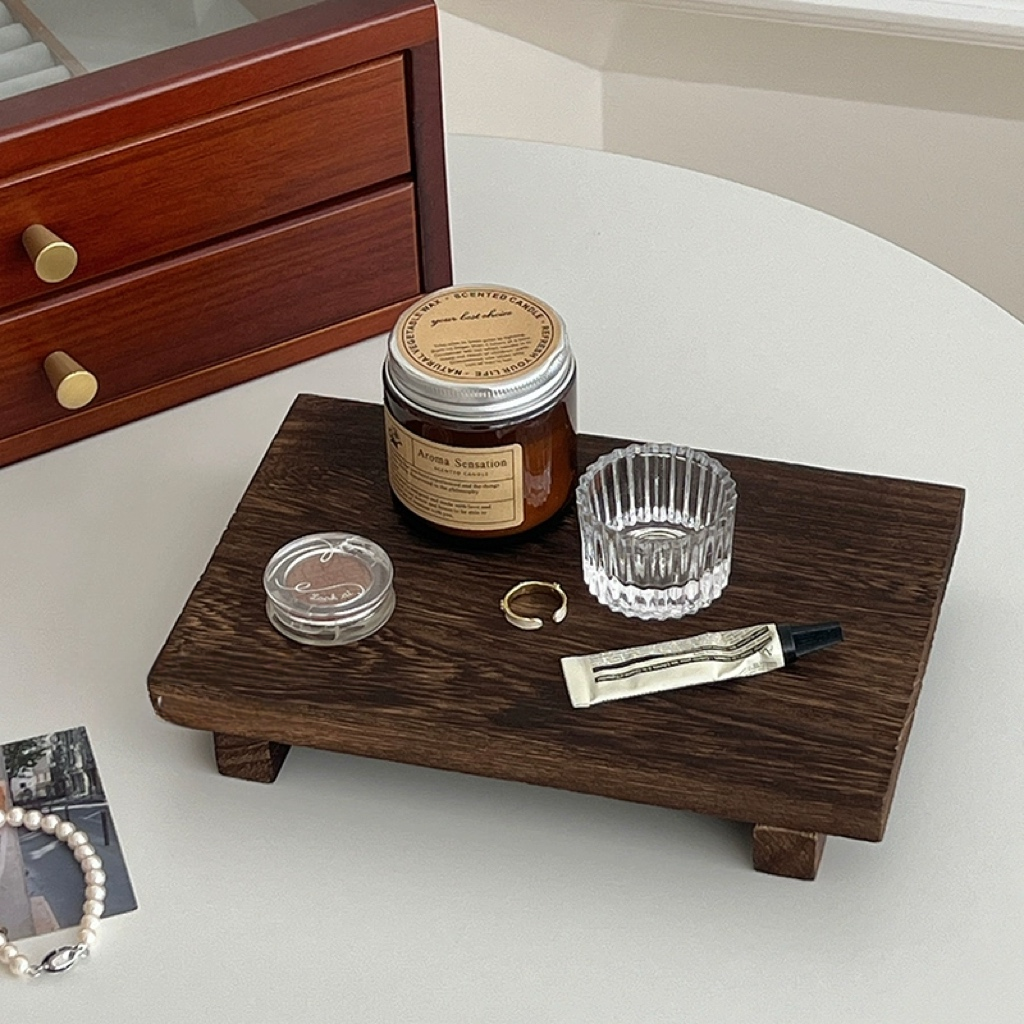 ins复古实木收纳盒桌面置物架化妆品整理盒收纳架首饰展示架托盘