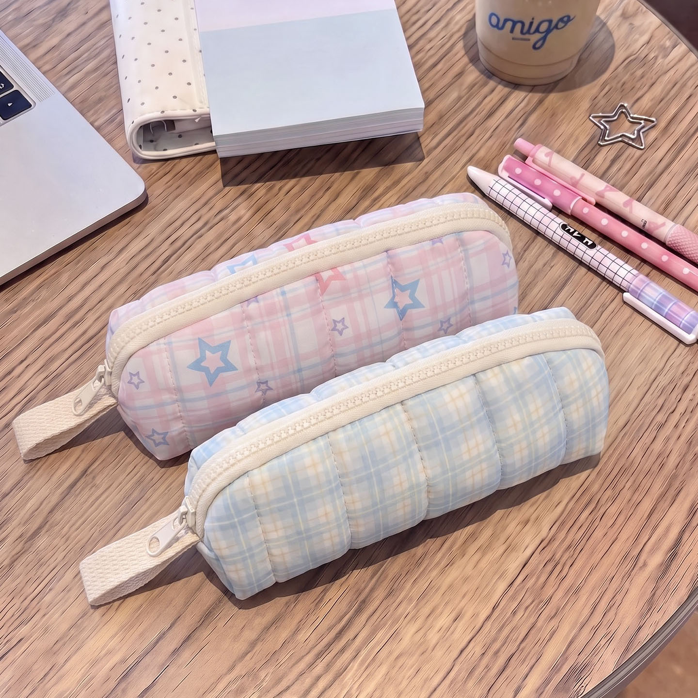 韩系ins风格子星星笔袋学生文具盒简约小清新文具收纳拉链铅笔袋图片
