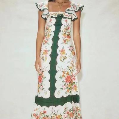 外贸2023夏季房里飞飞袖荷叶年拼接系带收腰印花长款连衣裙女方领