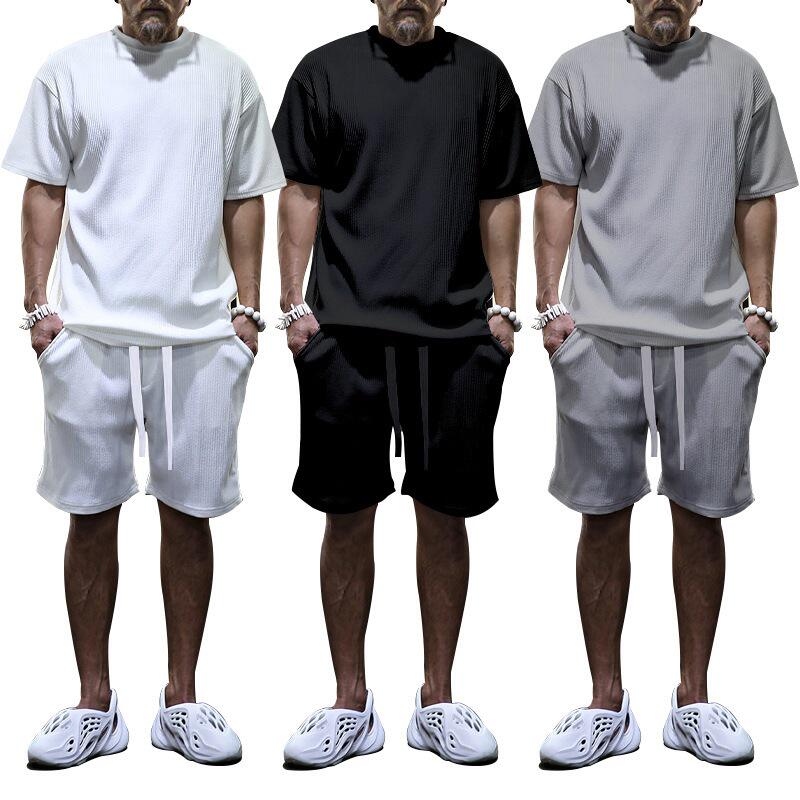 独立站欧货夏季男装竖条纹宽松短袖短裤度假休闲清凉运动套装T恤
