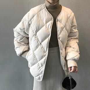 新款跨境秋冬菱格羽绒服女流行轻薄无领冬季短款圆领小款面包服潮