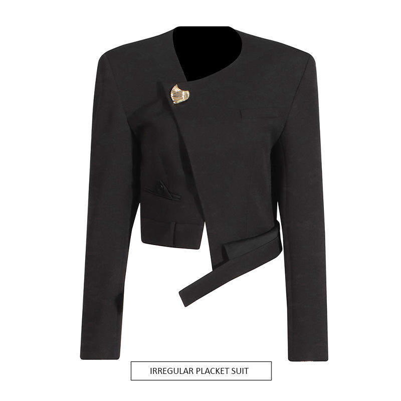 新款 时尚气质高级感小2025圆领纯色侧扣斜边短款西装外套女秋