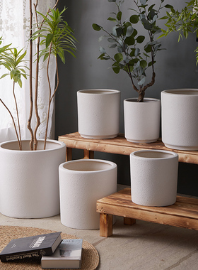 陶瓷花盆特大号白色简约北欧极简家用客厅大口径落地百合竹橡皮树