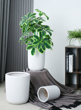 简约白色陶瓷花盆北欧家用阳台落地客厅高颜值圆形盆景发财树专用