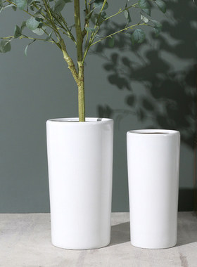 高筒直筒花器日式简约白色陶瓷花盆特大号高深家用客厅花瓶摆件