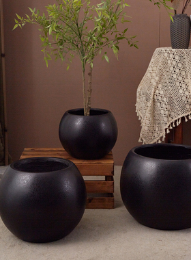 adee简约黑色高级感镁泥落地特大号花盆圆球型软装客厅商场民宿