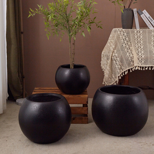 客厅商场民宿 adee简约黑色高级感镁泥落地特大号花盆圆球型软装