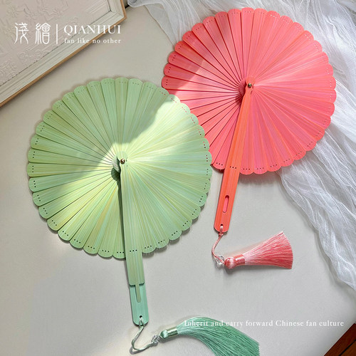 国风纯色果绿色全竹手工圆形竹扇随身夏季可折叠复古风团扇子